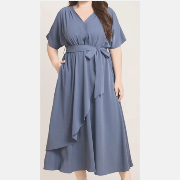 Dolman Sleeve Pocket Belted Surplice Neck Flutter Dress - Picture 2 of 13